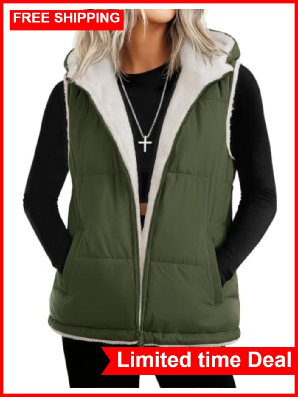 Women's Reversible Fleece Lined Puffer Vest Sleeveless Zip Up Hooded Winter